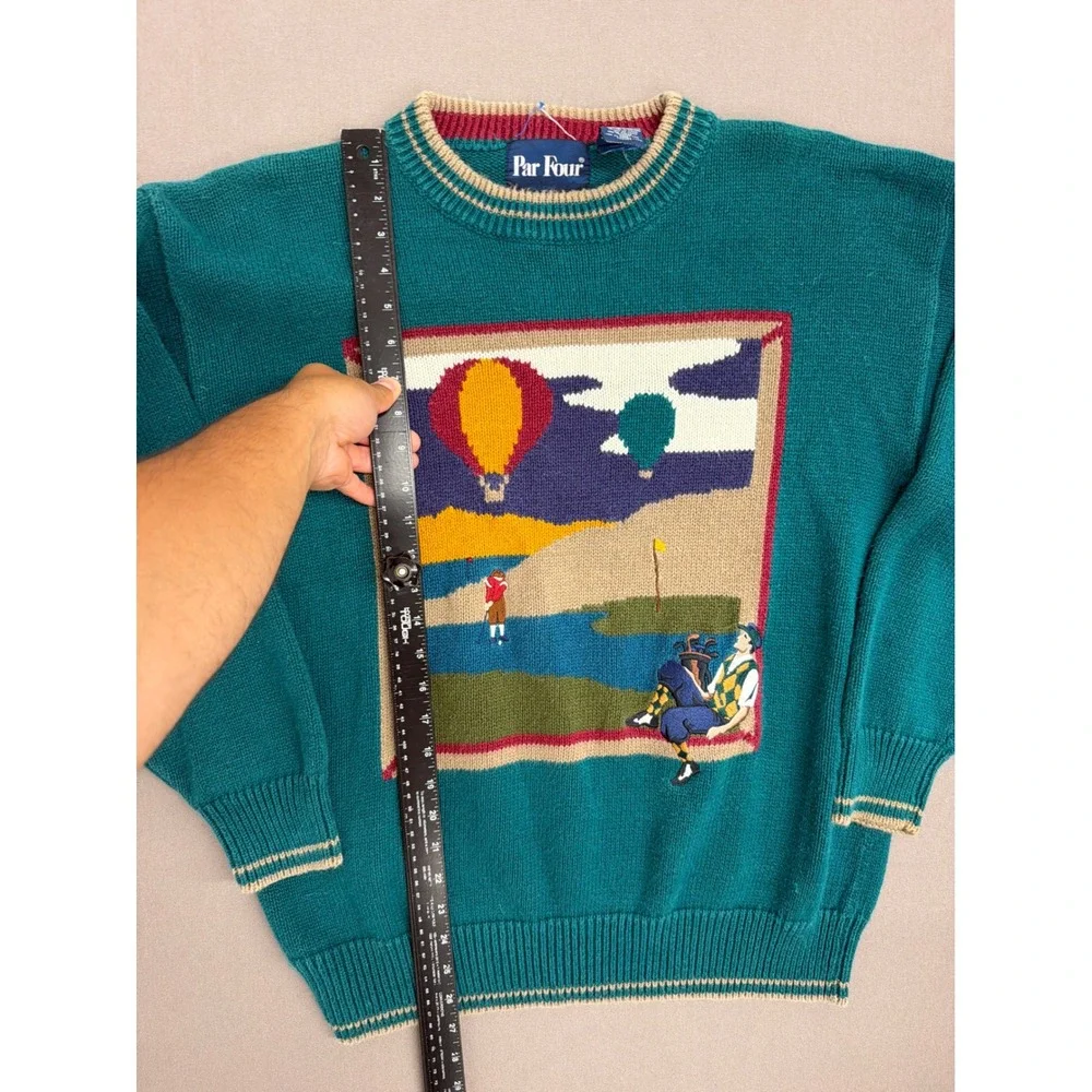 Par Four Vintage Mens Golf Hot Air Balloon Graphic Sweater Teal Green Large